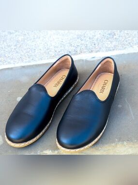 CHARIX Black Slip-On Women's Loafers with Espadrille Trim